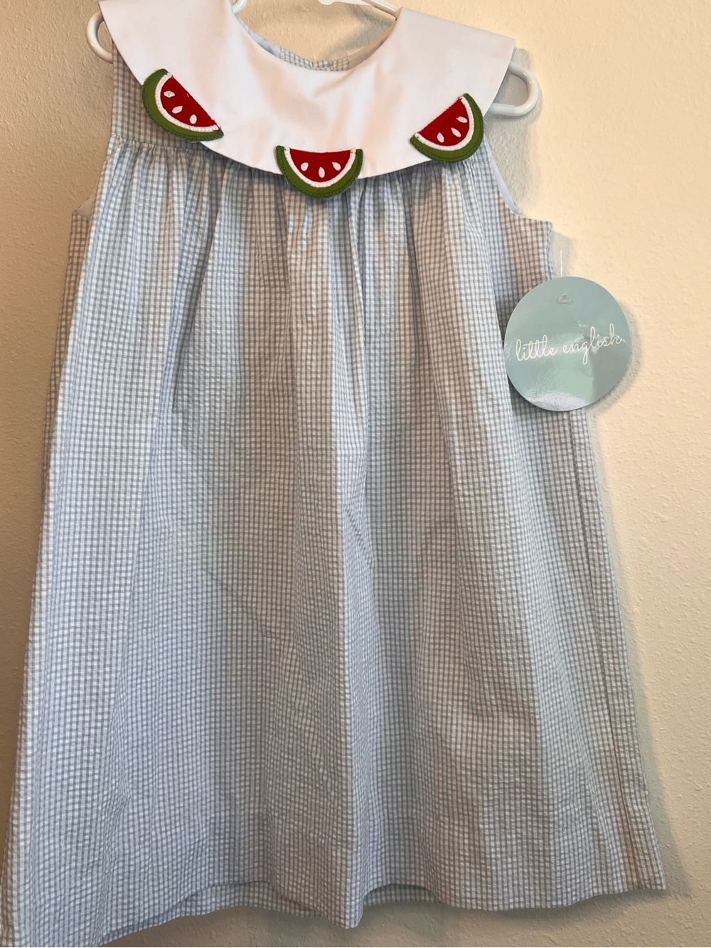 NWT Little English Blue Seersucker Dress with Watermelon Collar - Picture 6 of 7
